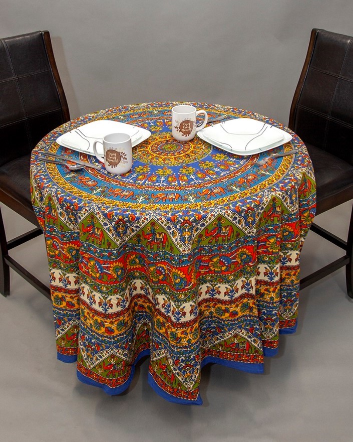India Arts Round Cotton Elephant Tablecloth 110-03