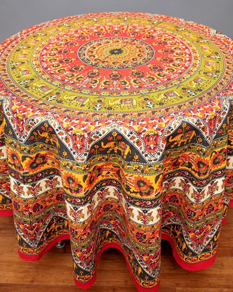 India Arts Round Cotton Elephant Tablecloth 110-02