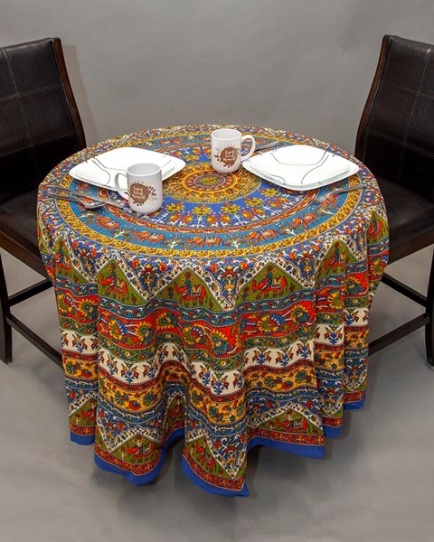 India Arts Round Cotton Elephant Tablecloth 110-03